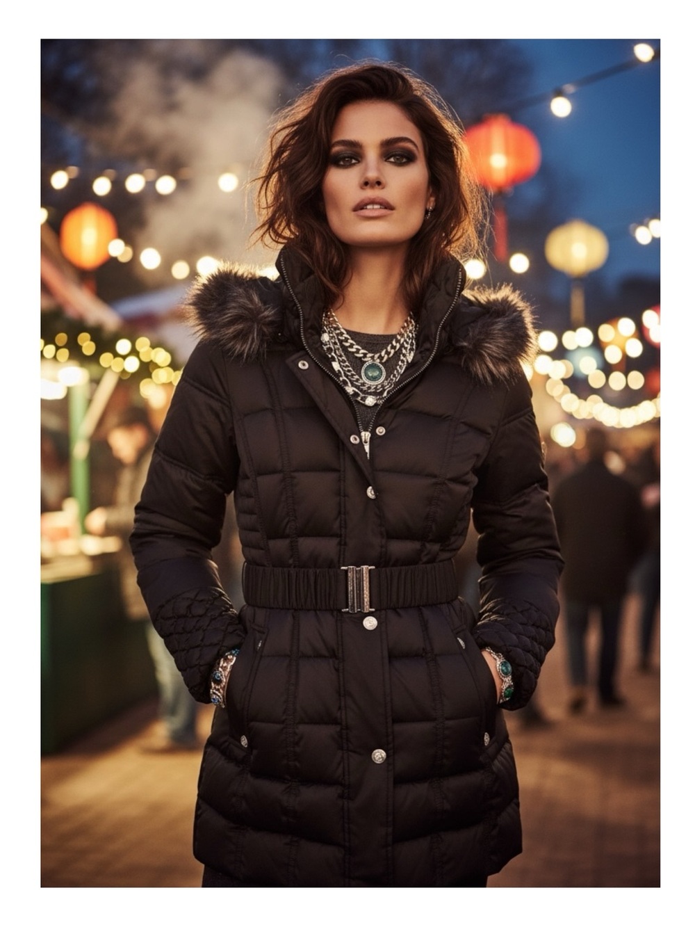 Betsey Johnson 𒀭 Faux Fur Quilted Puffer Mid Length Ski Parka Jacket 𒀭 Black S